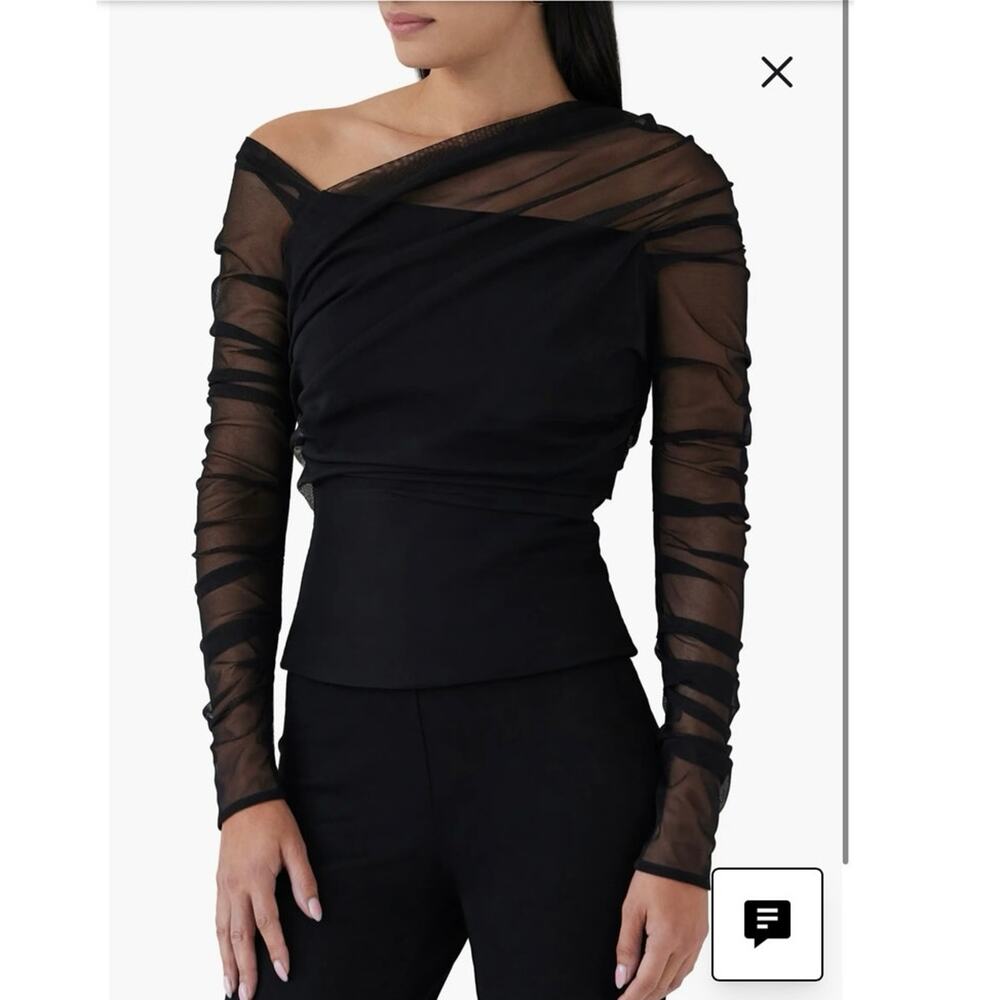 NWOT Marcella Monroe One-Shoulder Mesh
Overlay Top in Black SZ M